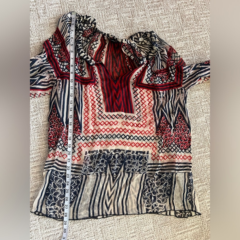 Lucky Brand Vintage Boho Red Tan Blue‎ Ruffle Cuff Sheer Blouse Medium - Picture 6 of 7
